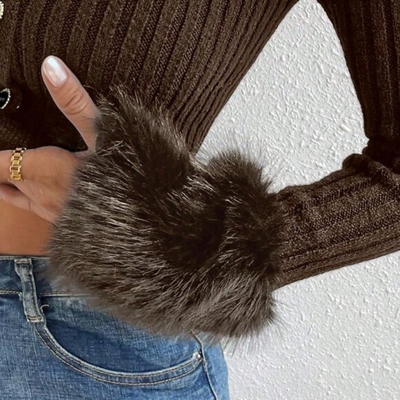 Coffee Brown Casual Women's Borg Collar Fuzzy Cuff Cardigan - Picture 7 of 8